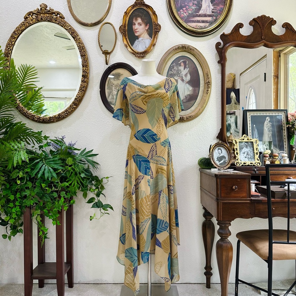 Dress Barn Beige Maxi Dress with Blue and Green Leaf Print